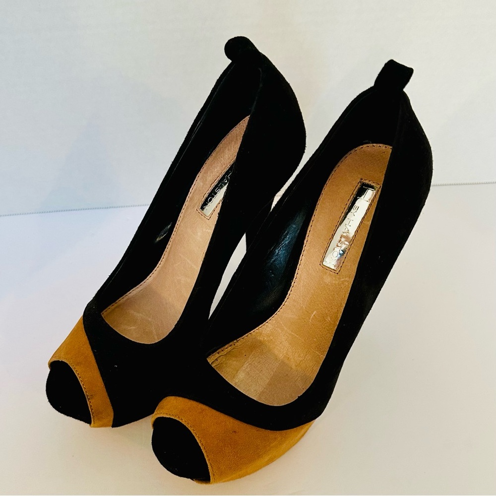 H By Halston Suede Leather 5" Stiletto Heel Shoes Womens 7.5 Platform Pumps BLK+